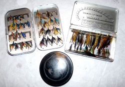 FLIES & BOXES: (3) Wheatley Kilroy Patent Fly box with printed salmon fly scale to lid, assorted