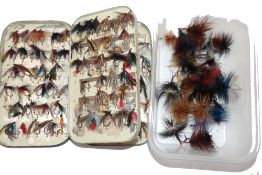 ACCESSORY: Malloch of Perth black japanned swing leaf fly box, 6"x3.5", filled with trout/sea