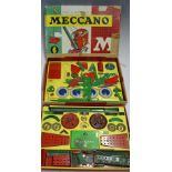 Meccano Set 6 (red and green) house in a two tray box t/w part set 2 and a home-made wooden box (