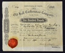 Great Britain Old Hall Earthenware Co. Share Certificate for £100 dated 1875 signed by Charles
