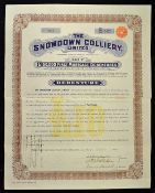 Great Britain The Snowdown Colliery Ltd. Debenture Certificate 1913 (Kent) for £10, ornate brown