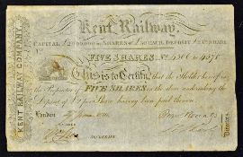 Great Britain Kent Railway 1836 Bearer Certificate for 5 shares of £50 each. Coat of Arms of