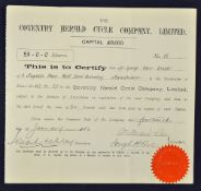 Great Britain The Herald Cycle Company Limited Share Certificate 1891 for One £5 share made out to a