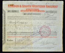 Great Britain London & South Western Railway 1896 Share Certificate for £50 Deferred stock. Detailed