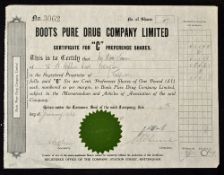 Great Britain Boots Pure Drug Co. Ltd. Share Certificate 1929 a preference share certificate dated