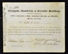 Great Britain Glasgow, Dumfries & Carlisle Railway 1844 Share Certificate for 5 shares. Glasgow