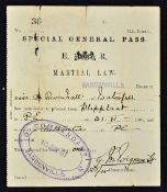 South Africa Boer War Martial Law Special Pass 1901 made out for a Miss P Rivenhall of Waterfall