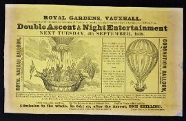 The Royal Vauxhall Balloon 1838 Pictorial Handbill at the Royal Gardens, Vauxhall Balloon Double