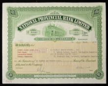 Great Britain National Provincial Bank Ltd. Share Certificate 1959 in cream & green with vignette of