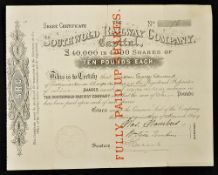 Great Britain Southwold Railway Company 1899 Share Certificate for 5 shares. (A 9 mile 3 foot