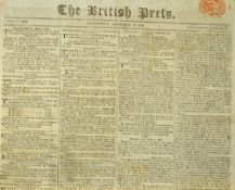 The British Press Newspaper 1809 dated 6 Sept with contents including two long letters about