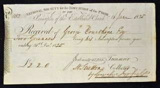 National Society for the Education of the Poor dated 1825 16th June a receipt for 2 Guineas