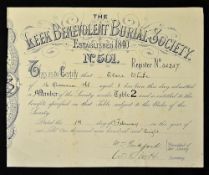 Great Britain The Leek Benevolent Burial Society Member Certificate established 1840, certificate