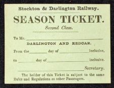 Railway Stockton and Darlington Railway Season Ticket c1850-60s a 2nd Class Season Ticket between