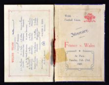 Rare 1909 France v Wales rugby itinerary - this being the first ever away game by Wales in Paris -