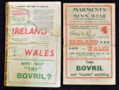 1946 Wales v Ireland rugby programme - first post war season played 9th March at Cardiff Arms