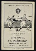 1950-51 Liverpool v FC Saarbrucken football programme date 9 May Festival of Britain with minor