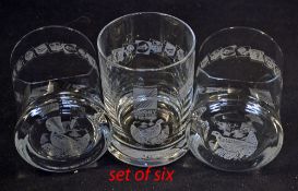 1995 Rugby World Cup - set of six Famous Grouse sponsors cut glass whisky tumblers - each engraved