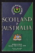 1957/58 Scotland vs Australia rugby programme - played at Murrayfield on Saturday 15th February (8-