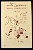 1949 France Army vs British Army rugby dinner menu with an amusing rugby scene to the covers by