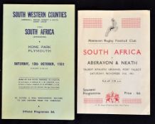 2x 1951 South Africa rugby tour to UK programmes to incl rare v South Western Counties (G) and v