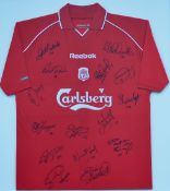 Signed Liverpool 2000/2001 Treble Winning Season football shirt winners of League Cup, FA Cup and