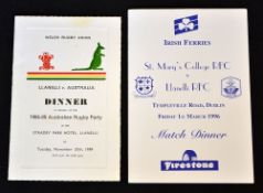 1984/85 Llanelli vs Australia rugby dinner menu - held a Stradey Park Hotel on Tuesday 20th November