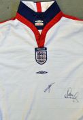 Signed 2003-2005 England football shirt signed by Paul Scholes and Wayne Bridge to the front, infant