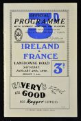 1949 Ireland (Champions) v France rugby programme played 29th January at Lansdowne Road, with a tear