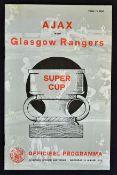1972/3 European Super Cup Final Ajax v Rangers football programme 2nd Leg in red and grey dated 24