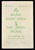 1961 Ireland 1st rugby tour to South Africa programme - v South Africa played on Saturday 13 May