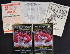 Collection of Wales rugby tour to Canada programmes and team sheets from 1989 to 1997 - to include