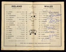 1953 Wales v Ireland signed rugby programme - played at Saint Helen's Swansea on Saturday 14 March