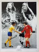 Arsenal Frank McLintock signed colour print depicting 1971 Cup Final in Arsenal away colours, Double