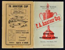 1961 FA Amateur Cup Semi Final football programmes Hitchin Town v Walthamstow Avenue t/w 1962