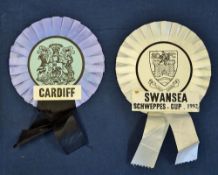 2x Welsh Rugby Club rosettes to incl 1992 Swansea Schweppes Cup Final c/w details (v Llanelli) and a