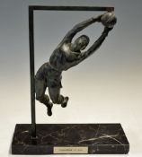 Large Spelter Goalkeeper figure action pose fixed to a marble base, inscription 'Challenge J F Alix'