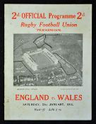 1933 England v Wales rugby programme played 21st January at Twickenham, first Welsh victory at