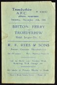 1948-49 Troedyrhiw v Briton Ferry football programme Welsh League Div 1 date 11 Dec, single sheet,
