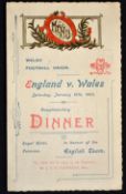 Rare 1903 Wales v England rugby dinner menu held on Saturday 10th January at The Royal Hotel