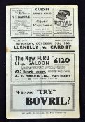1938 Cardiff v Llanelli rugby programme - played on Saturday 15th October 4 page programmes with