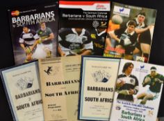 Collection of Barbarians v South Africa rugby programmes from 1952 onwards (7) to incl 3x played