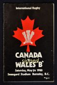 1980 Wales tour to Canada signed programme - vs Canada played on Saturday 24 May and signed by 9 the