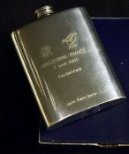 2001 Six Nations rugby engraved pewter hip flask - pocket hip flask engraved to the front panel -
