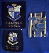 3x Rugby Silver braid and embroidered college blazer pocket crests c1930s - each with the motto "Non