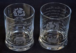 1997 x pair of Famous Grouse Scotland Rugby Five Nations sponsors cut glass whisky tumblers - each