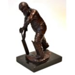 W G Grace bronze cricket figure - playing a forward defensive cricket shot, on a naturalistic base
