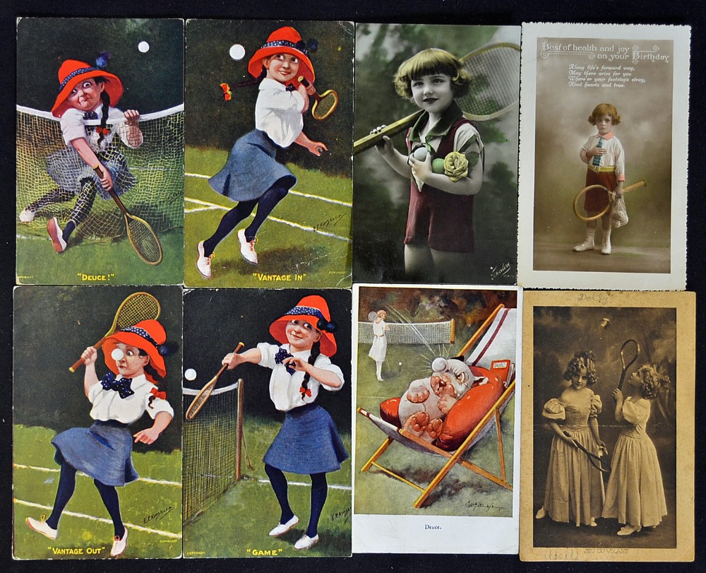 12x early tennis postcards to include 4x Kinsella, Port Sunlight and Llanfairfechan tennis courts,