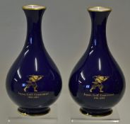Pair of Japanese Golf Vases both blue with gold rims including 'Japan Golf Association 2001-10-15'