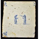 Battledore: rare Delft blue and white tile c.1660 - with fleur de lys decorative corners and 2 men